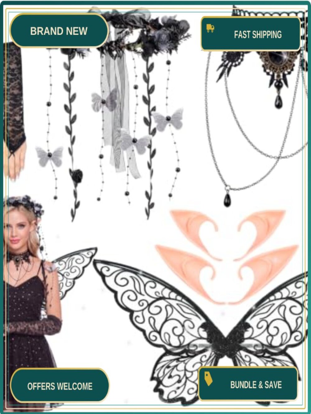 Huquary 6 Pc Fairy Wings Costume Set Gothic Butterfly Wings Elf Ears Gloves